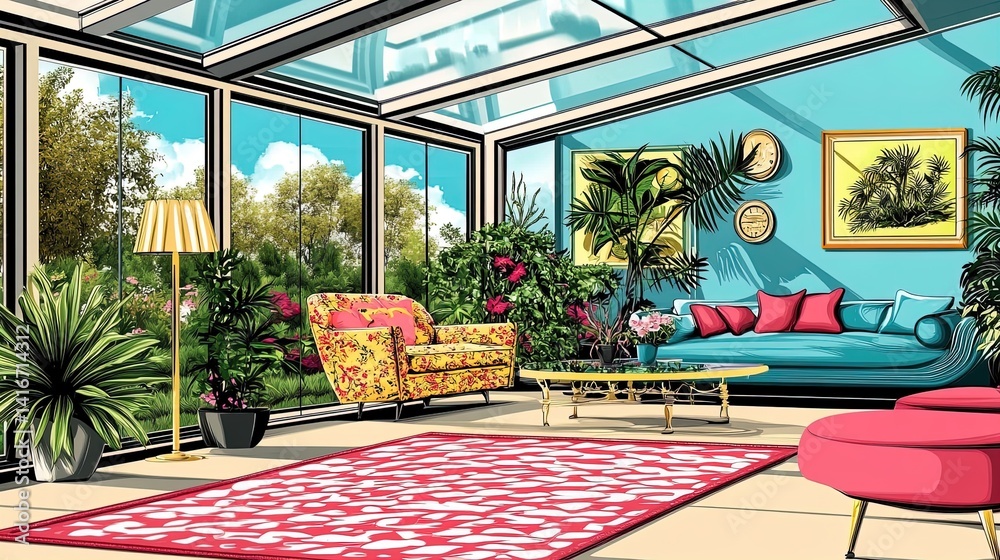 serene retreat: a sunlit conservatory with tropical plants and comfortable seating, perfect for a sports interior poster