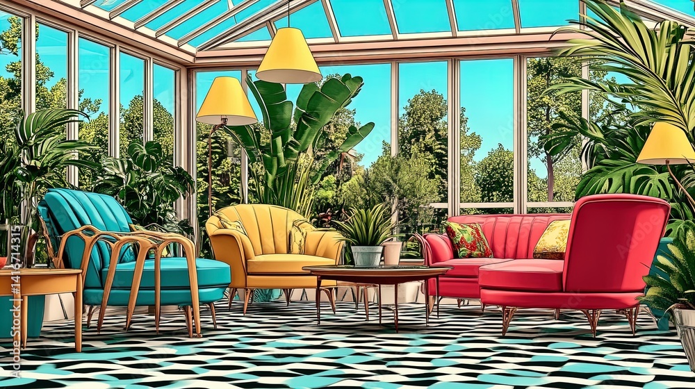 create your oasis: a serene sunlit conservatory poster featuring tropical plants and comfortable seating – perfect for inspiring your space!