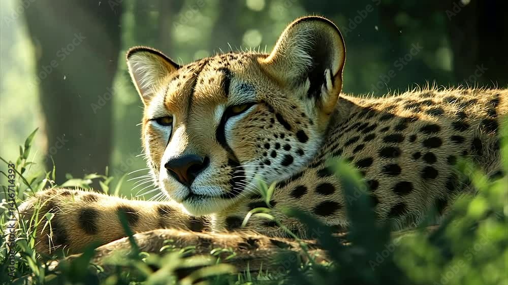 Serene cheetah resting in dappled sunlight amidst lush greenery