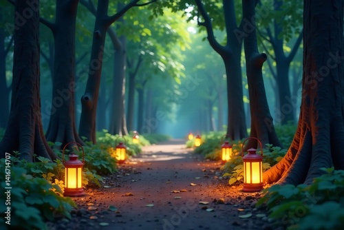 Serene forest path with glowing lanterns, surrounded by low poly trees, nature, trees, forest