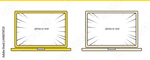 写真やコピーを入れて使用するデザイン素材　ノートパソコンのグラフィックフレーム
