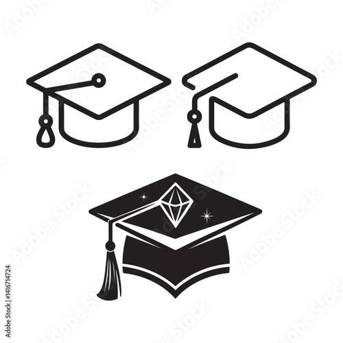 isolated black vector icon illustrates academic success with a graduation cap and diploma, symbolizing a student's degree achievement after university or college education