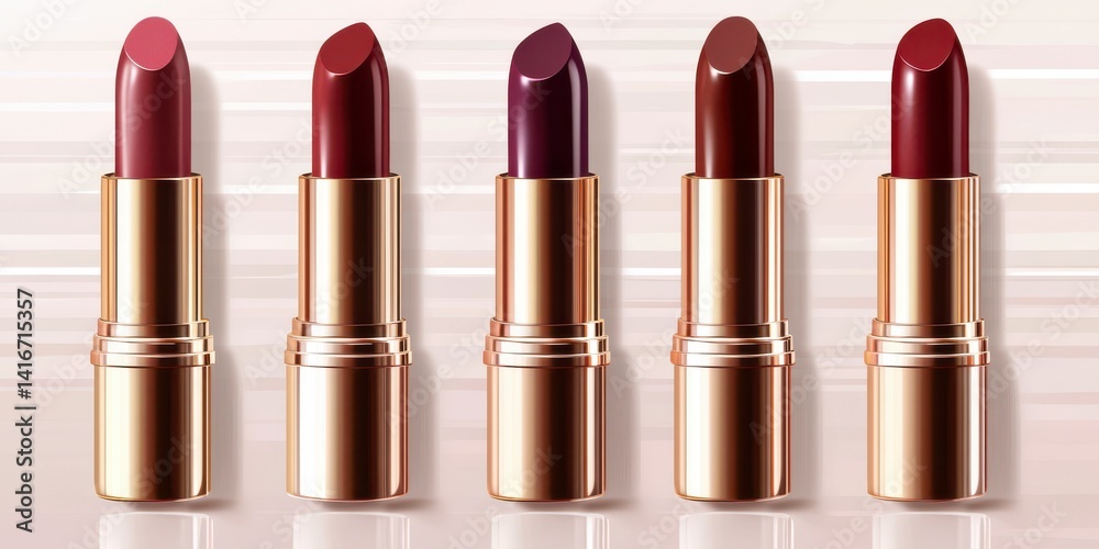 Obraz premium Five Shades of Deep Red and Burgundy Lipstick in Gold Cases