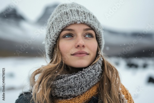 Traveling in the mountains in winter, woman standing among snowy mountains in tourist clothes. 