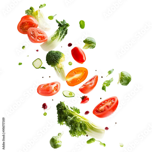 flying vegetables with a bowl isolated on White background
