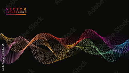 Smooth wavy lines, bright red, pink, blue, yellow, green, purple, orange. The composition of waves is small dots, black background, designed with soft yet luxurious textured materials.