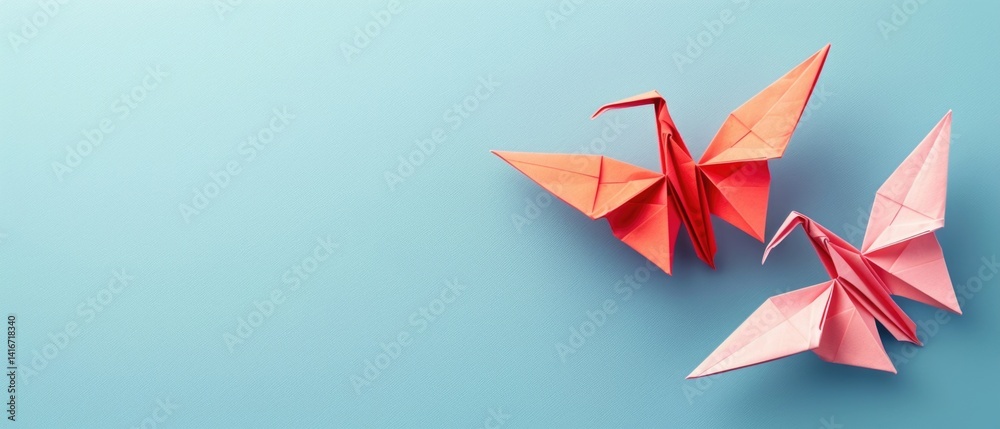 Origami paper and flowers with palm leaves on a colorful background. Flat lay composition with copy space. Top down aerial view of origami paper folding in tropical theme. Creative design. AIG55. Origami paper and flowers with palm leaves on a colorful background. Flat lay composition with copy space. Top down aerial view of origami paper folding in tropical theme. Creative design. AIG55.