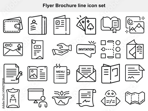  Flyer and Brochure Line Icons Set: Marketing and Print Media Vector Illustrations