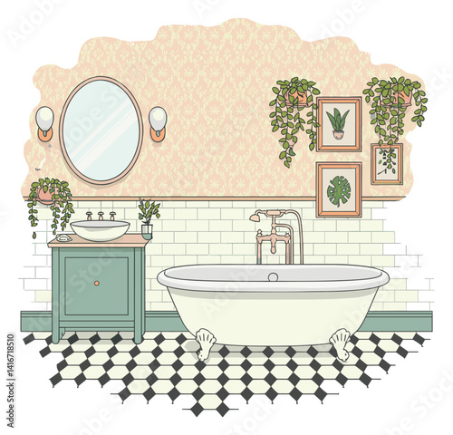 Vintage bathroom with clawfoot tub, geometric floor tiles, teal sink cabinet with mirror, gold accents, wall plants and framed prints. Mid century modern interior design flat vector illustration