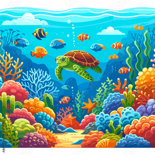 Vibrant underwater scene with a sea turtle swimming among colorful coral reefs and tropical fish