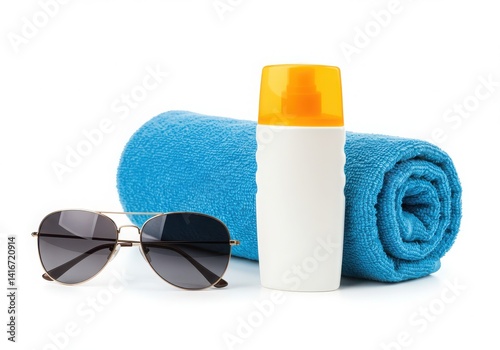 Still life of sunglasses towel and sunscreen isoleted on white background