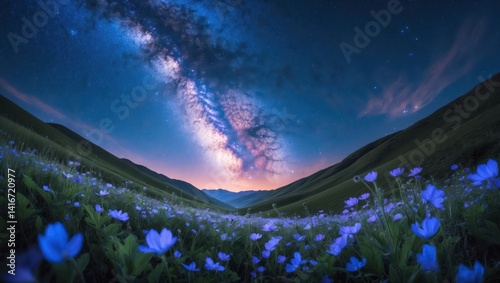 Flower field under Milky Way night sky