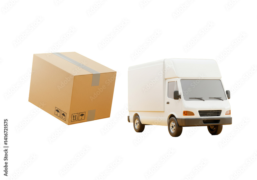 Isolated Delivery Van with Cardboard Box for Shipping Logistics Isolated Delivery Van with Cardboard Box for Shipping Logistics