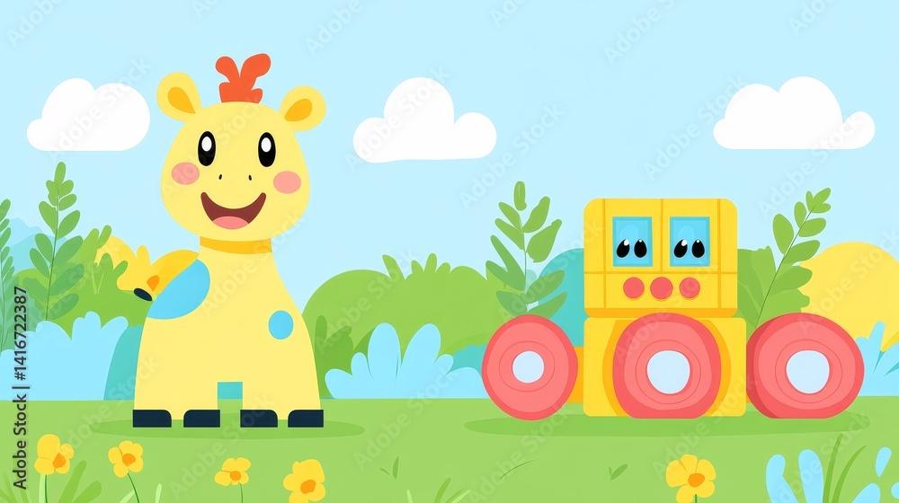 Obraz premium Delightful pixel art depiction of a cheerful giraffe and a vibrant toy train set amid a sunny landscape perfect for childrens illustration