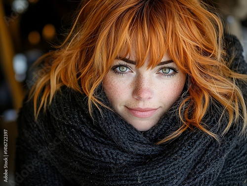 Close-up portrait of a woman with vibrant ginger hair and a warm scarf.