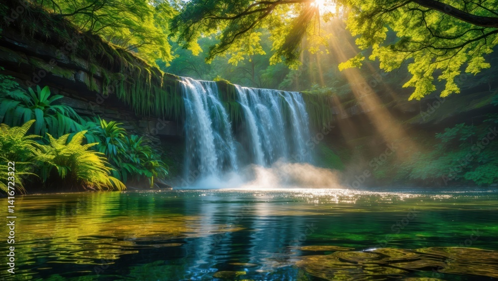 Waterfall flows in sunny forest landscape Waterfall flows in sunny forest landscape