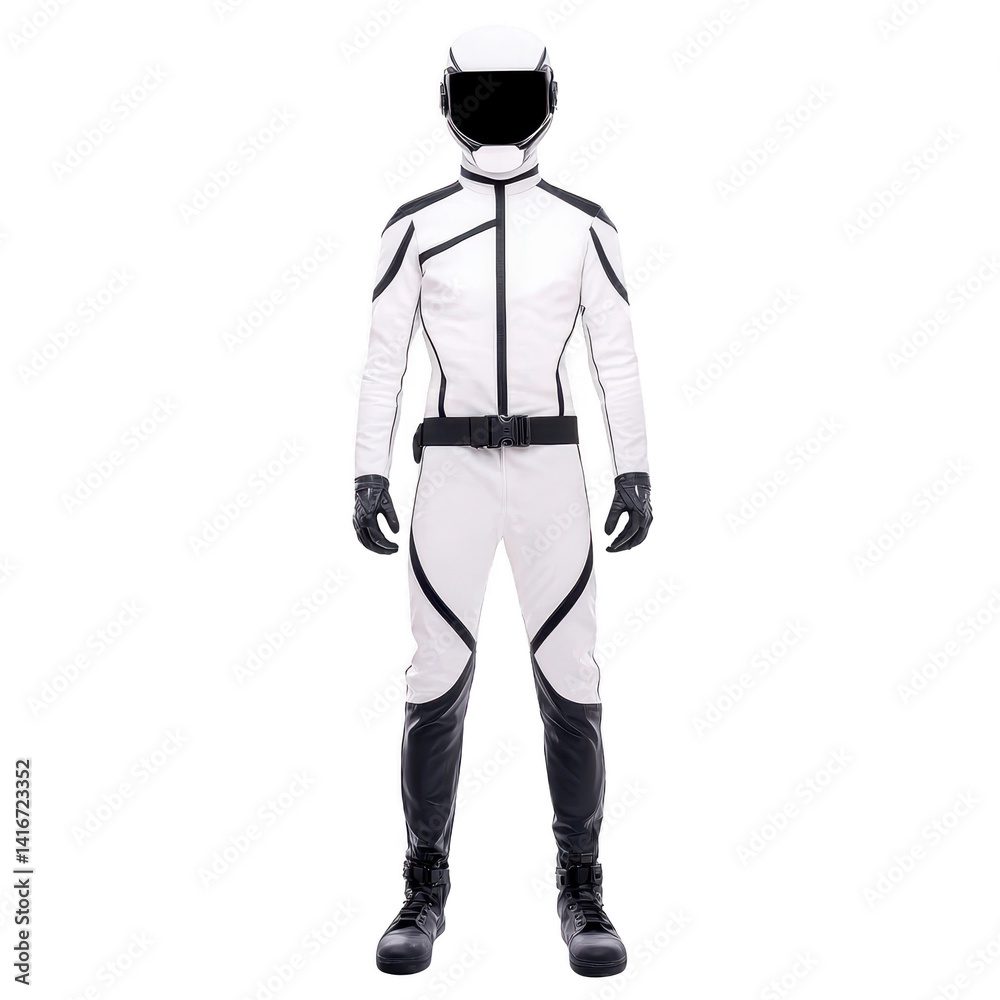person wearing sleek white and black racing suit stands confidently, complete with matching helmet and gloves, embodying sense of speed and precision person wearing sleek white and black racing suit stands confidently, complete with matching helmet and gloves, embodying sense of speed and precision