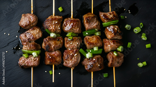 Grilled Meat Skewers: A tantalizing overhead shot showcases savory, grilled meat skewers arranged artfully on a dark surface, garnished with vibrant green accents. A culinary delight.