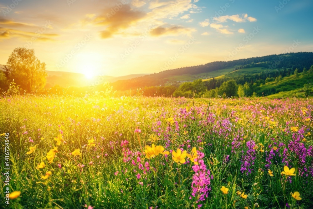 Obraz premium Sunny meadow with wildflowers, rolling hills, and setting sun with golden light