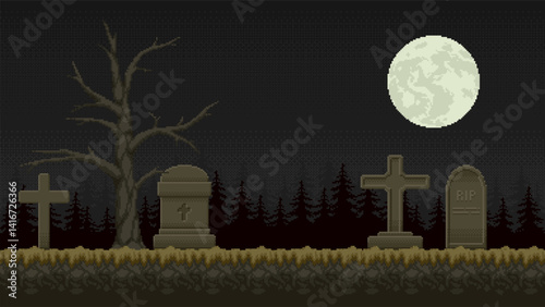Pixel art cemetery game location. Vector seamless landscape of graveyard at night with tombstones, crests, trees and moon.