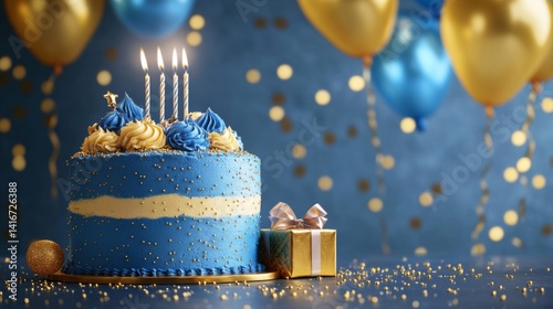 Blue and Gold Birthday Cake with Candles and Balloons