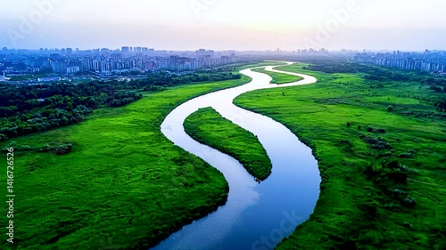 A river with a green bank and a city in the background. The river is wide and long, and the city is in the distance
