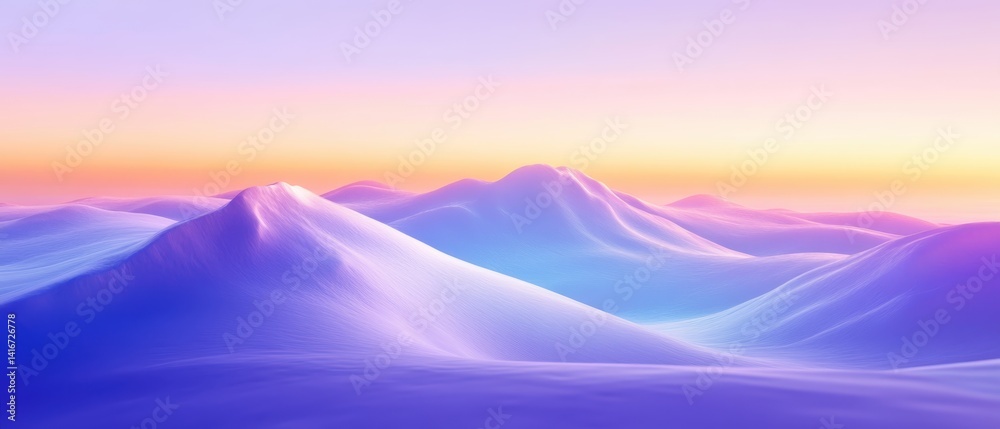 Digital landscape view of colorful mountains at sunrise with soft hues and serene atmosphere, perfect for nature and travel themes, peaceful scenery background.