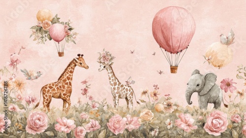 Pastel Giraffes and Elephant with Hot Air Balloons in Floral Field