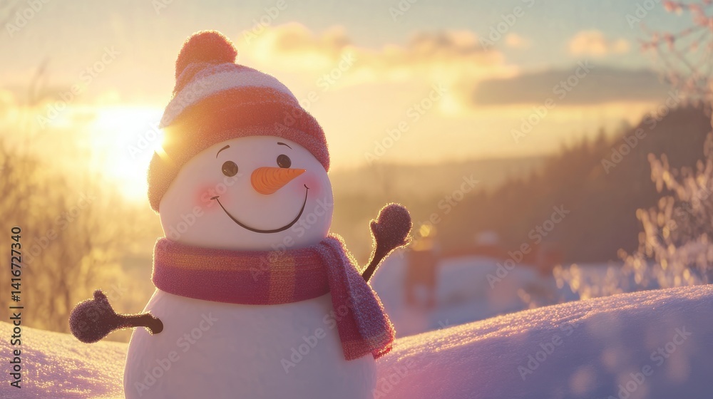 Fototapeta premium Joyful Snowman in Winter Sunset Landscape