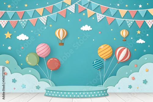 Colorful Balloons and Streamers on Teal Background – Party Invitation Design Template

