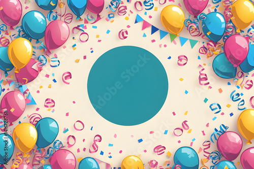 Colorful birthday celebration card with balloons and confetti vector illustration