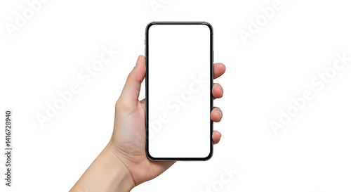 Smartphone screen mockup held in hand, isolated on white background