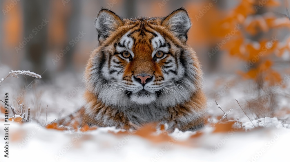 Obraz premium Majestic Siberian Tiger Emerging Through a Snowy Winter Landscape a Portrait of a Powerful Predator in its Natural Habitat Wildlife Wonder