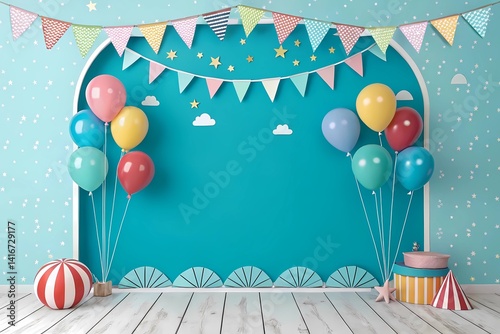 Happy birthday greeting card with colorful balloons and festive decorations
