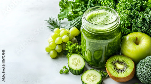 Green Elixir: A vibrant and refreshing display of fresh produce, centered around a nutritious green smoothie, highlighting the beauty and benefits of healthy eating and natural ingredients.