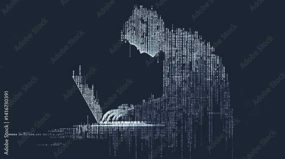 Obraz premium A computer hacker sits typing on a laptop using binary code