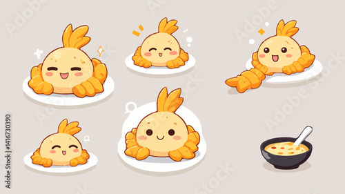 Chibi tempura shrimp. Japanese food icon set