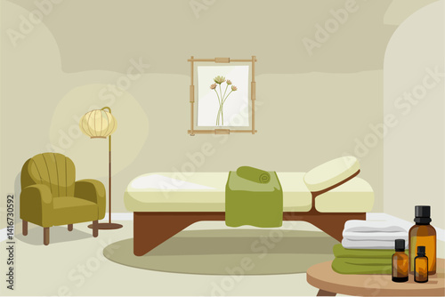 A spa room with a green chair and a green blanket on a massage table. Colorful vector interior illustration
