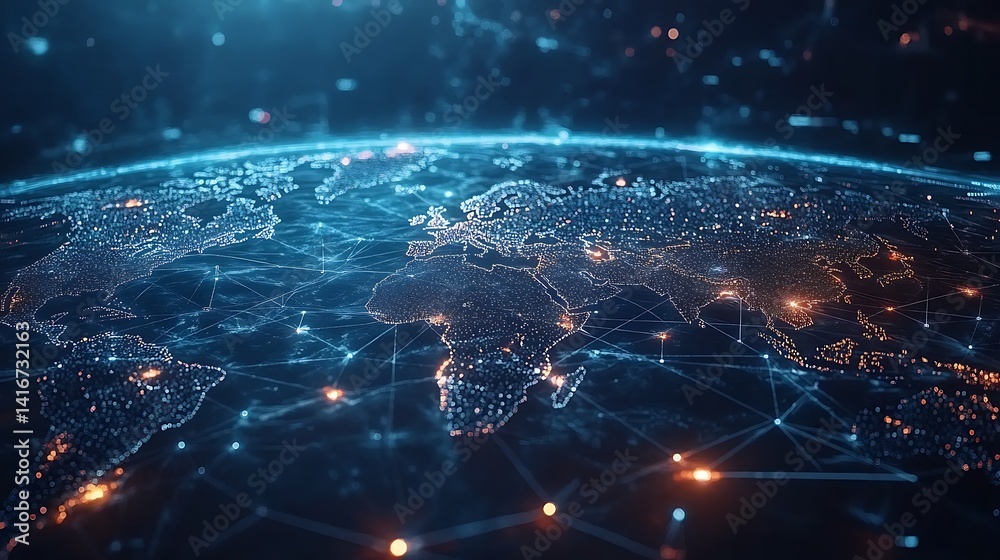 Obraz premium Digital World Map with Glowing Nodes, A digital world map with glowing red and blue nodes connected by lines