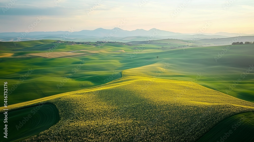 Naklejka premium Serene green hills under soft sunlight with distant mountains 