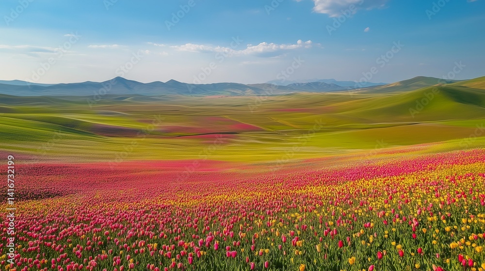 Colorful tulip fields blooming under a clear blue sky Colorful tulip fields blooming under a clear blue sky