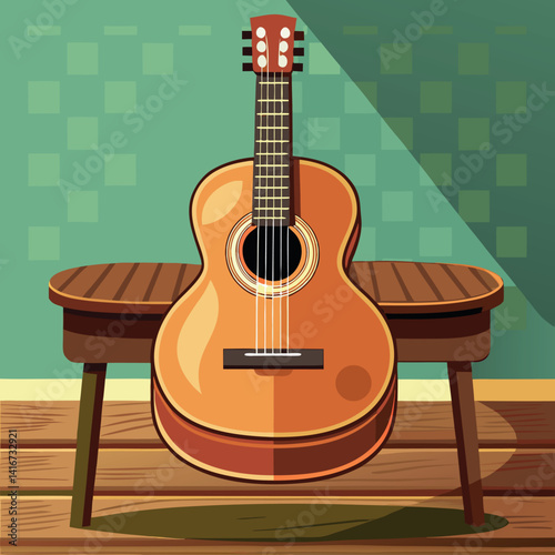 A brown-guitar-on-the-table  