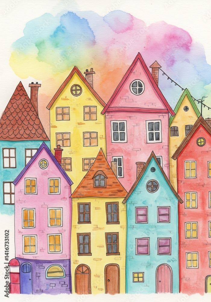 Maisons colorées aquarelle ambiance joyeuse. AI Generated Maisons colorées aquarelle ambiance joyeuse. AI Generated