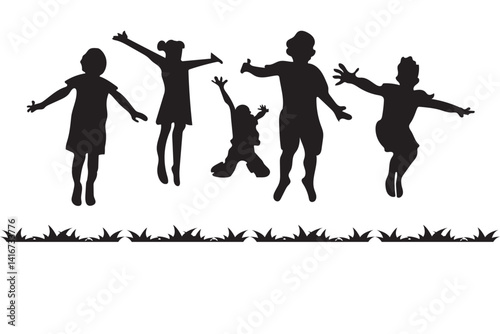 Black silhouette of children jumping for joy. Active kids jumping or trampolining, outline elements collection, flat vector isolated on white background. Summer entertainments and attraction