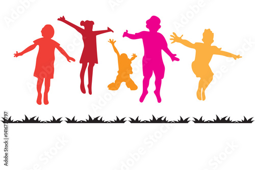 Black silhouette of children jumping for joy. Active kids jumping or trampolining, outline elements collection, flat vector isolated on white background. Summer entertainments and attraction