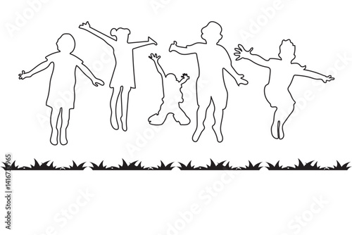 Black silhouette of children jumping for joy. Active kids jumping or trampolining, outline elements collection, flat vector isolated on white background. Summer entertainments and attraction