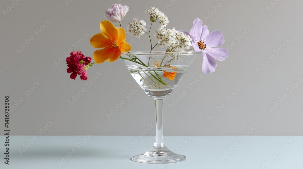 Obraz premium Glass vase filled with flowers and water. The flowers are of different colors and sizes, and the vase is tall and slender. Concept of elegance and sophistication