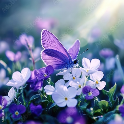 A stunning purple butterfly resting amidst colorful blooming flowers, symbolizing transformation and the beauty of nature