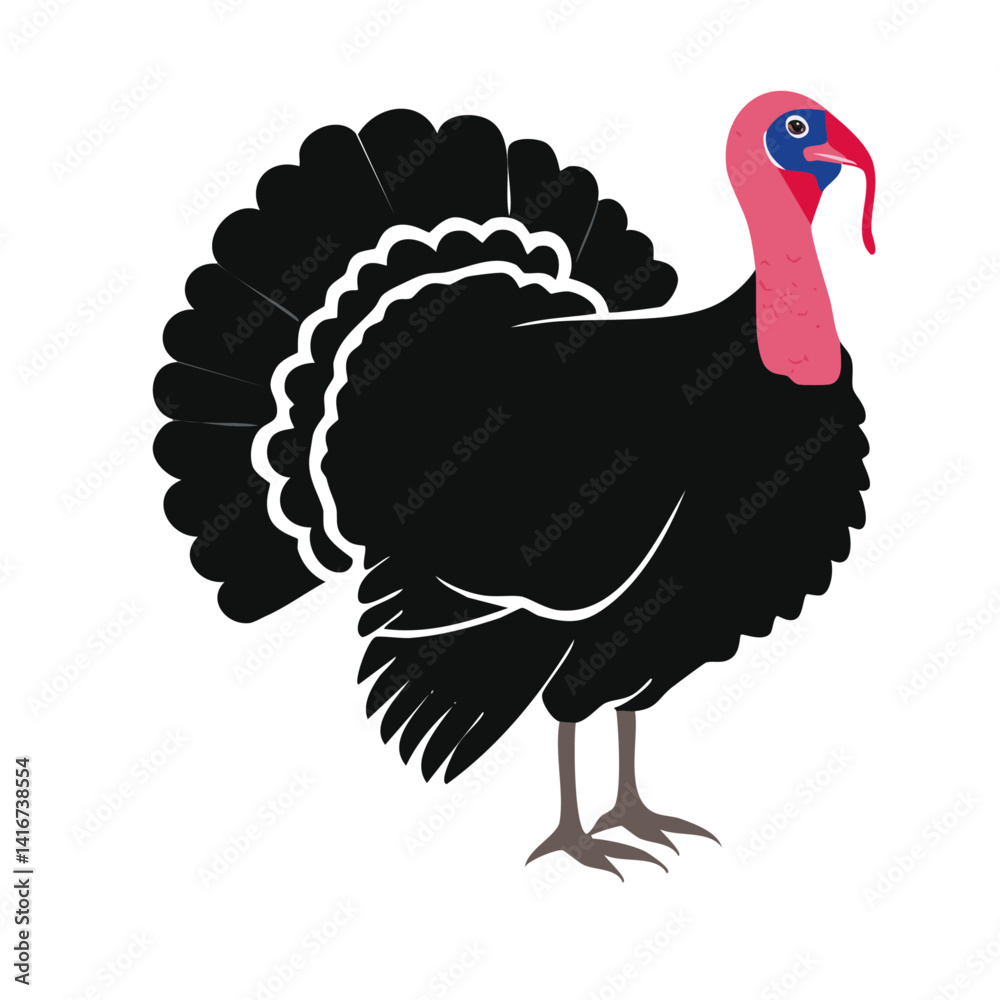 turkey with pink head vector illustration silhouette on white black design