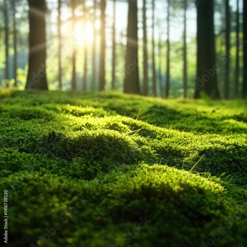 A vibrant forest floor covered in lush green moss, illuminated by soft sunlight filtering through the tall trees overhead